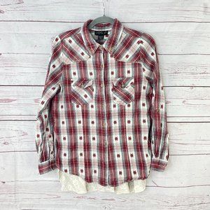 Lola P Women's Red Plaid Print Long Sleeve Button Down Blouse Size Medium